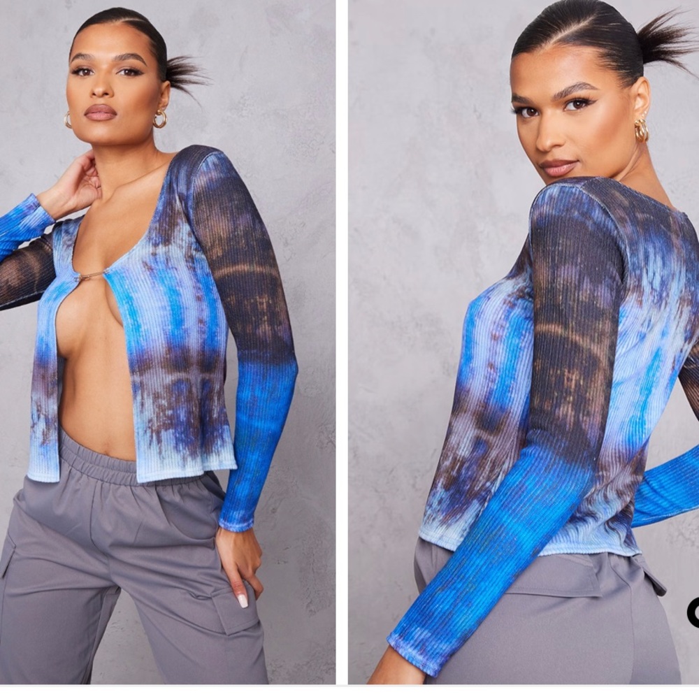 Blue Tie Dye Print Brushed Rib Fasten Front Top